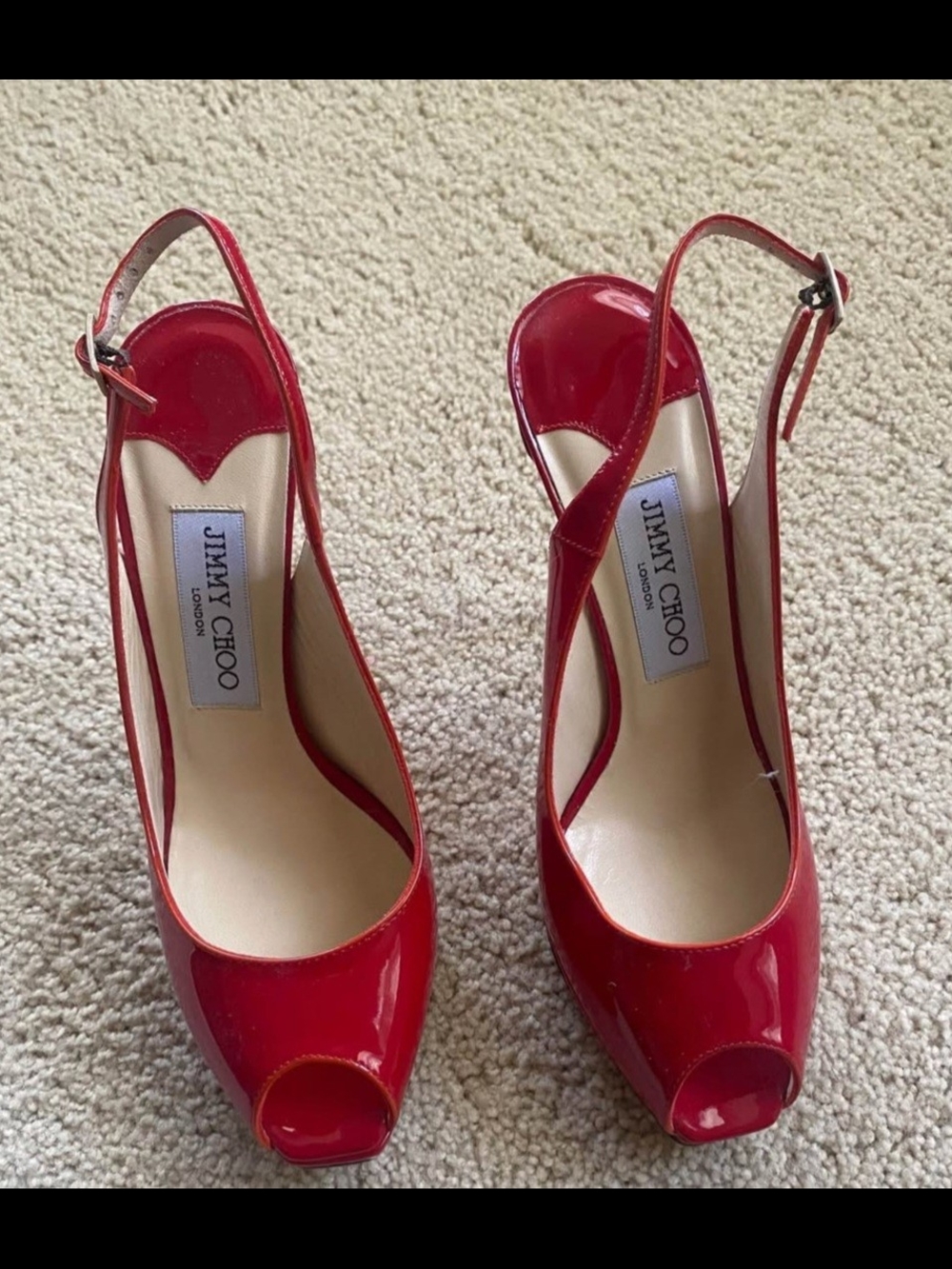 Jimmy Choo Red Patent Peep-Toe Slingback Heels
